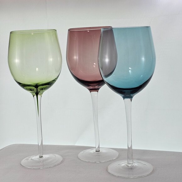 Mismatched Colors Water Goblets set 3 Wine Glasses mixed glassware colorful - Picture 5 of 8